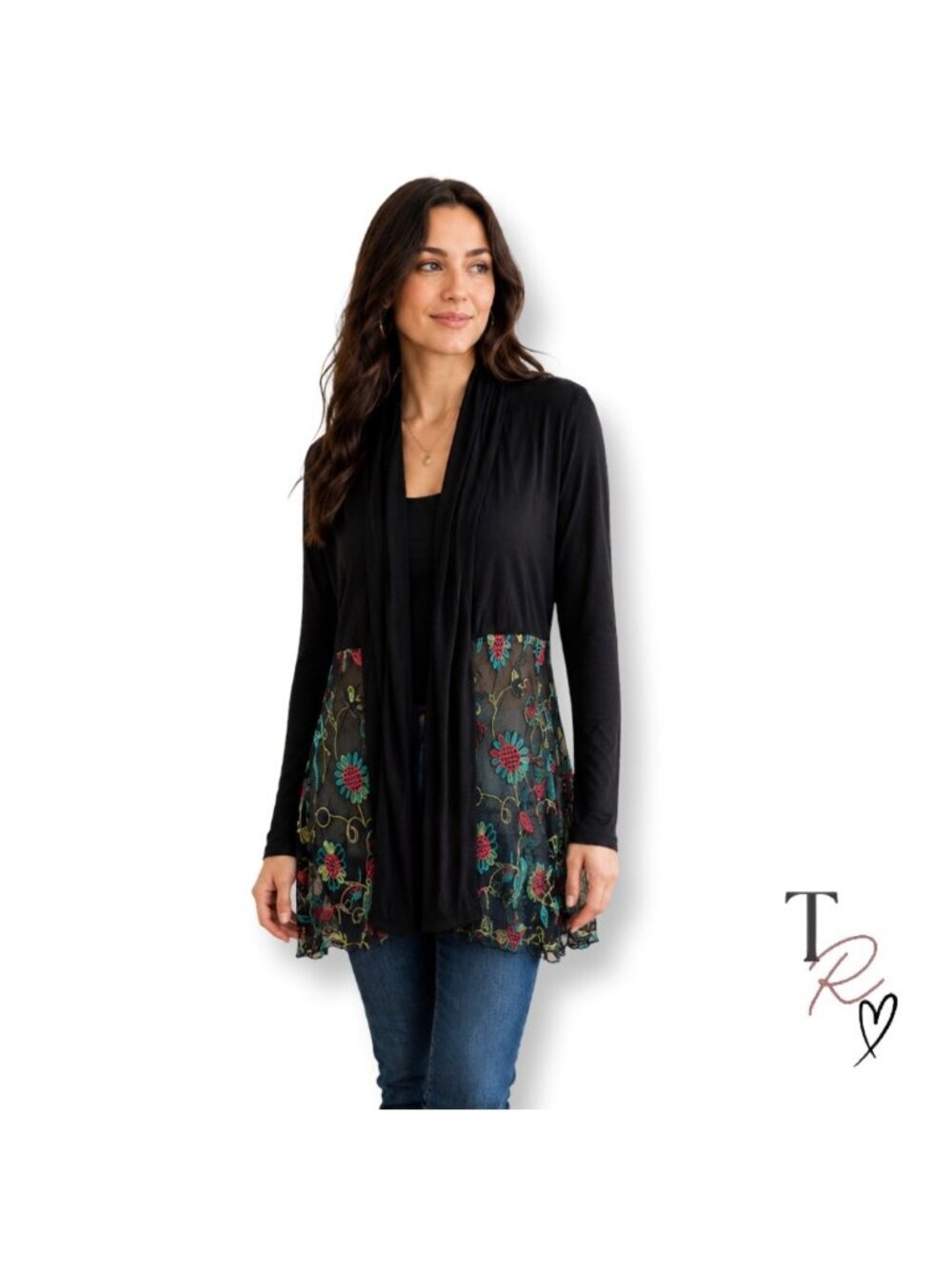 Kim & Cami Boho Floal Embroidered Mesh Hem Open Front Cardigan Size Small
